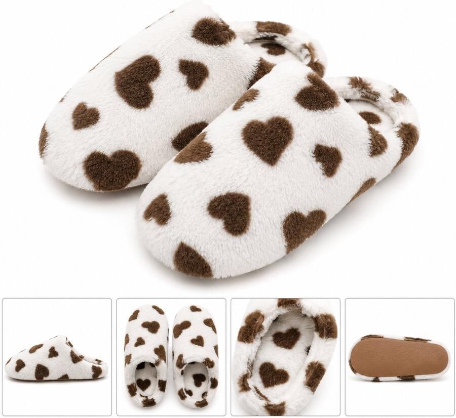 Puresolve Dames Pantoffels met Hartjes Warme Zachte Huissloffen Pluche Sloffen voor Dames wit bruin
