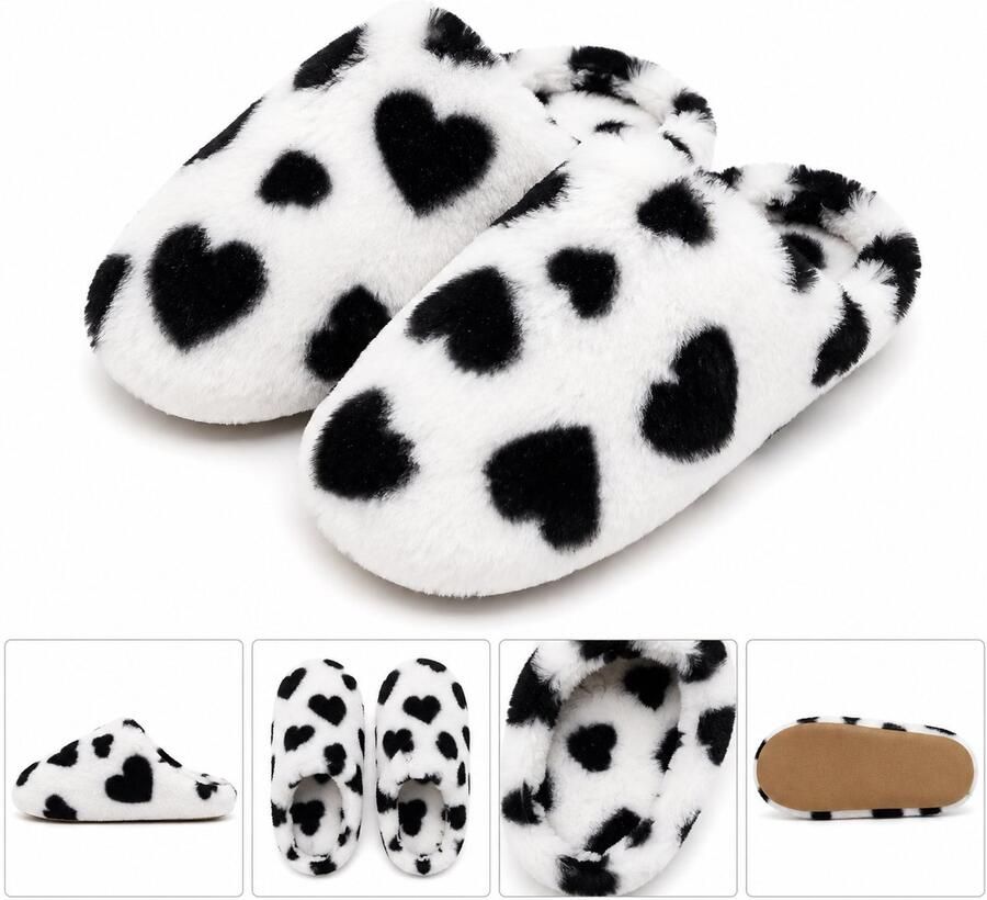 Puresolve Dames Pantoffels met Hartjes Warme Zachte Huissloffen Pluche Sloffen voor Dames wit zwart