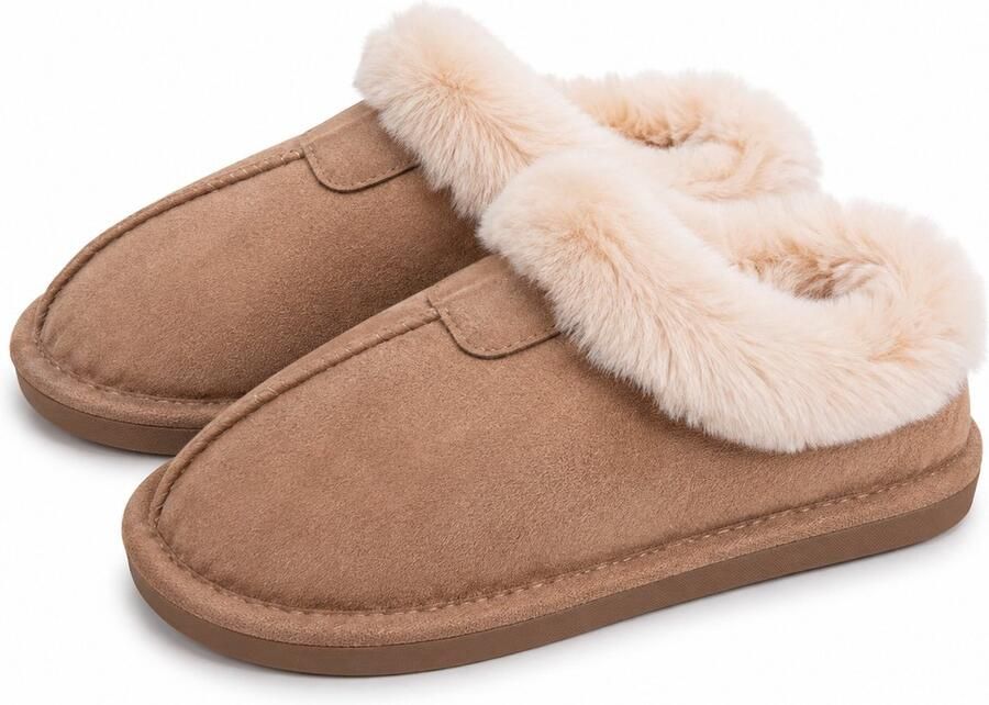 Puresolve Dames Pantoffels Warme Sloffen met Zachte Bontkraag Suède Look Comfortabele Huisschoenen Khaki
