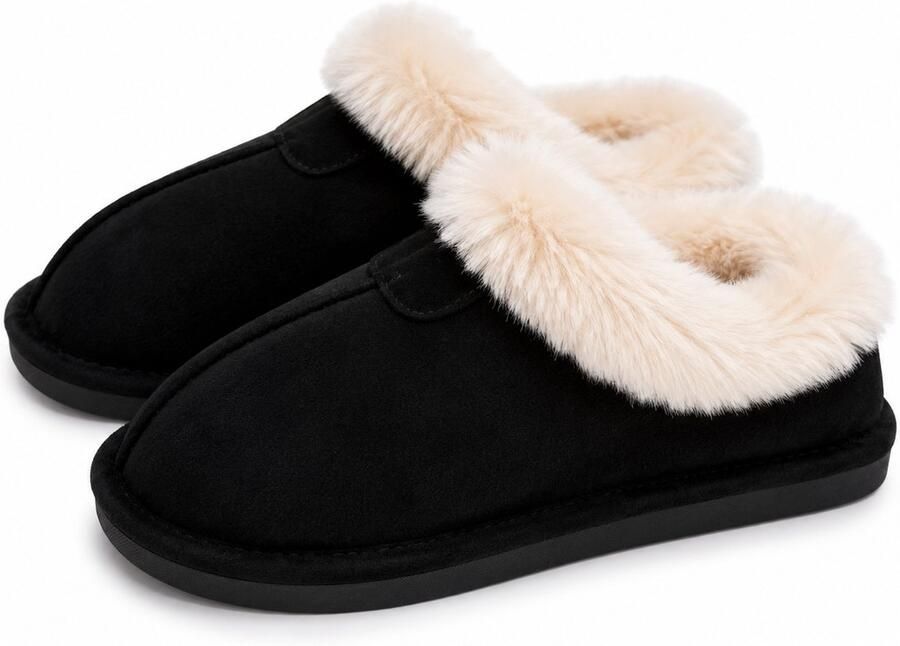 Puresolve Dames Pantoffels Warme Sloffen met Zachte Bontkraag Suède Look Comfortabele Huisschoenen Zwart