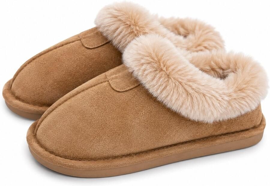 Puresolve Dames Pantoffels Warme Sloffen met Zachte Bontkraag Suède Look Comfortabele Huisschoenen Beige