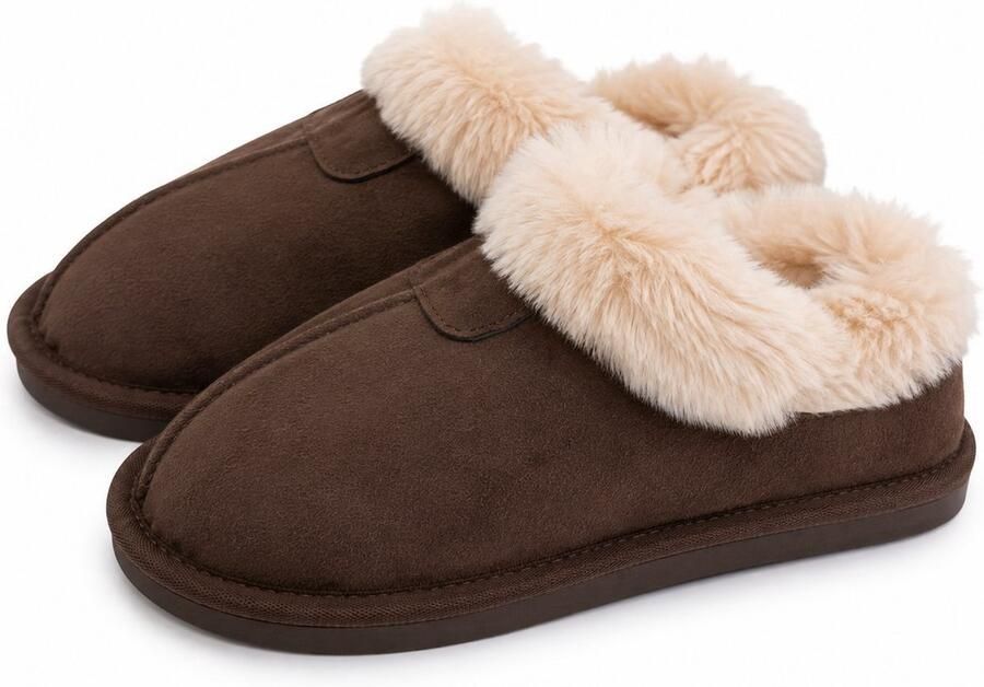 Puresolve Dames Pantoffels Warme Sloffen met Zachte Bontkraag Suède Look Comfortabele Huisschoenen Donker bruin