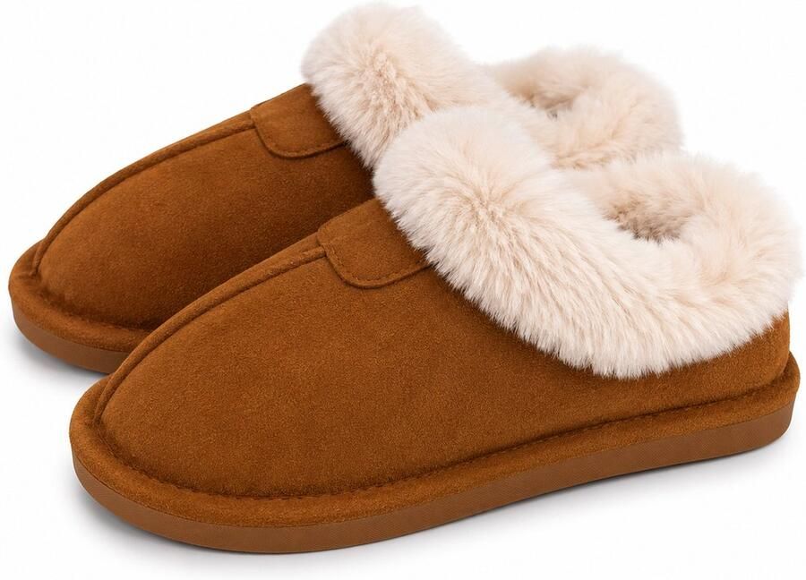 Puresolve Dames Pantoffels Warme Sloffen met Zachte Bontkraag Suède Look Comfortabele Huisschoenen Chesnut