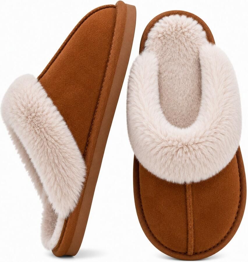 Puresolve Heren Pantoffels Warme Fluffy Sloffen Pluche Huisschoenen met Antislip Zool Comfortabele Winter Pantoffels Chesnut