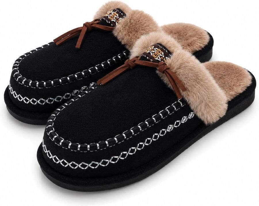 Puresolve Pantoffels Dames & Heren Unisex Sloffen Warme Huisschoenen met Fluffy Voering Suède Look Antislip Zool Zwart