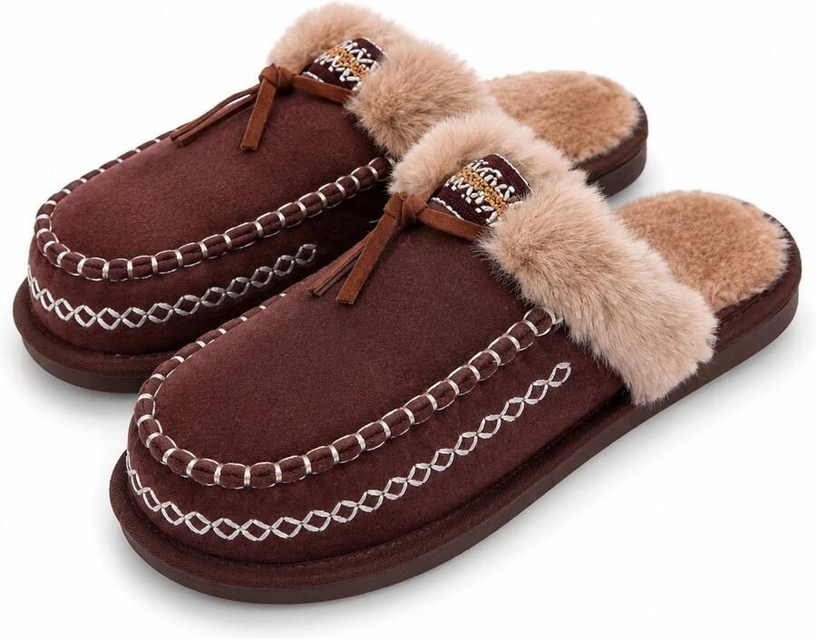 Puresolve Pantoffels Dames & Heren Unisex Sloffen Warme Huisschoenen met Fluffy Voering Suède Look Antislip Zool Bruin
