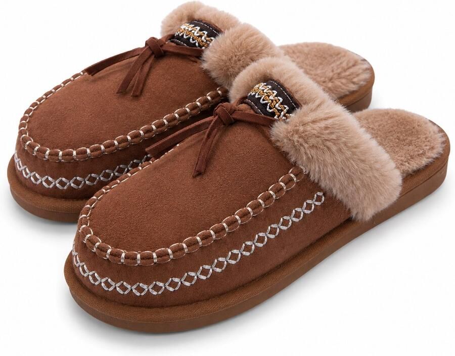 Puresolve Pantoffels Dames & Heren Unisex Sloffen Warme Huisschoenen met Fluffy Voering Suède Look Antislip Zool Chesnut