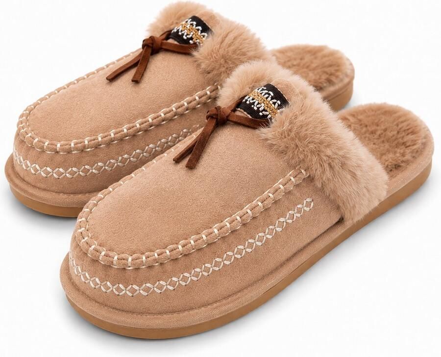 Puresolve Pantoffels Dames & Heren Unisex Sloffen Warme Huisschoenen met Fluffy Voering Suède Look Antislip Zool Beige