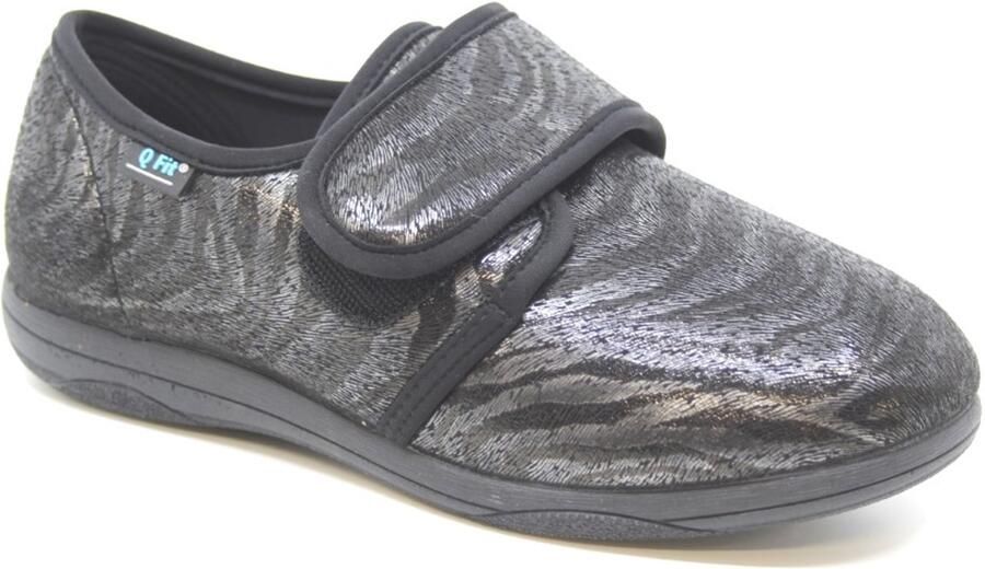 Q Fit Medisch Schoen Pantoffel Stretch Klittenband Zwart Tijgerprint