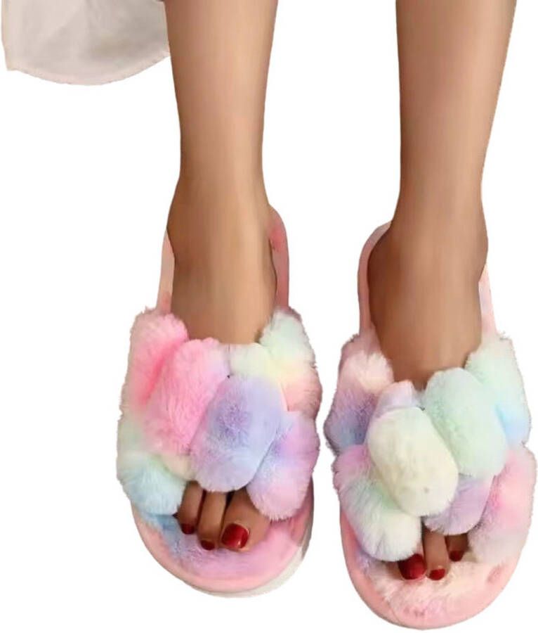 RedParrot Fluffy regenboog slippers Dames Warm en Zacht Sloffen Antislip Pluizig