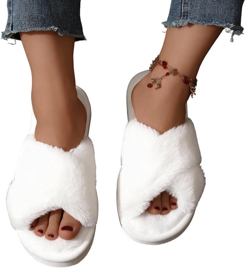 RedParrot Warme Slippers Sloffen met Pluche Wit Dames Pantoffels Zacht