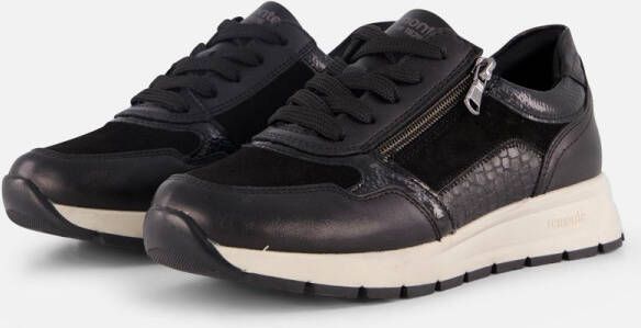 Remonte Zwarte Leren Dames Sneakers Slangenprint Zwart