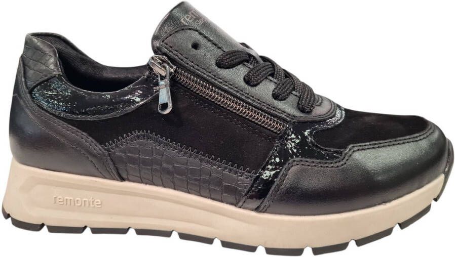 Remonte Zwarte Leren Dames Sneakers Slangenprint Zwart