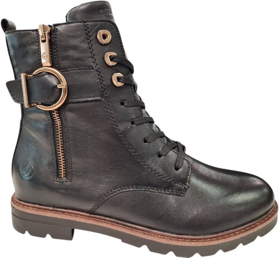 Remonte Zwarte Leren Veterboots Dames Zwart