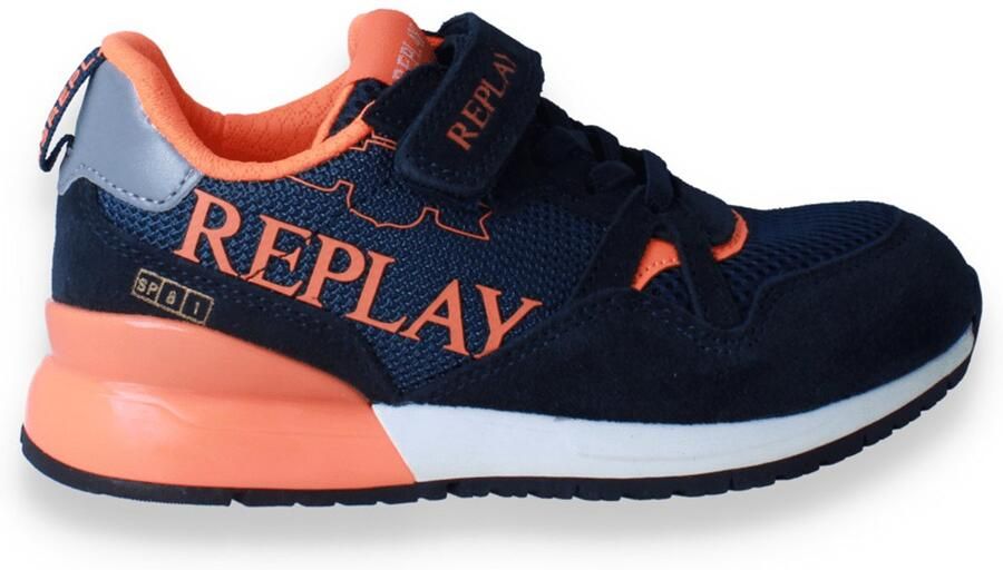 REPLAY Shoot JR suede sneakers donkerblauw neon oranje - Foto 4