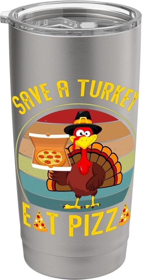 Retro dankbare turkey eten pizza dubbelwandige roestvrijstalen thermosbeker