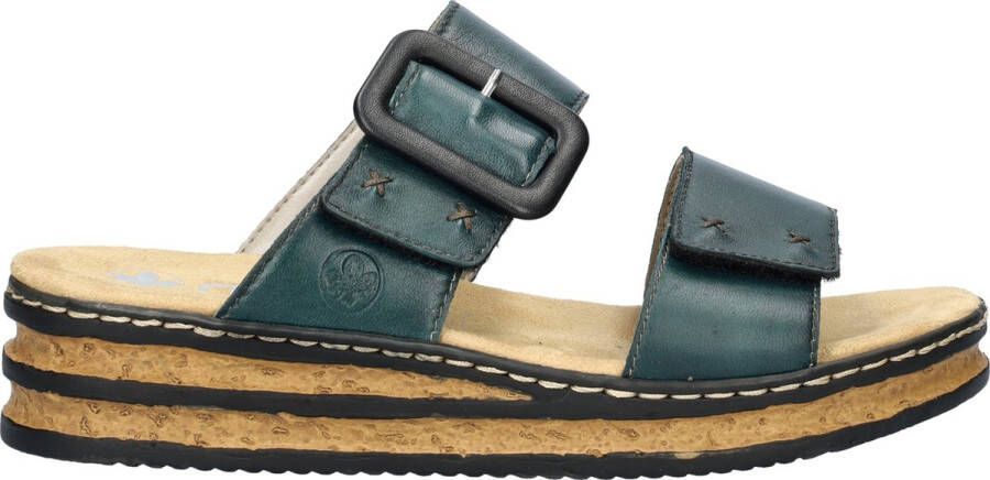 Rieker Petrol Kruis Geborduurde Slipper Green Dames