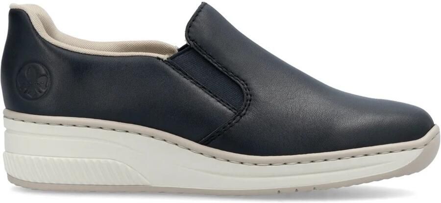 Rieker 48761-14 leren slip-on shoe instappers lichte sleehak marineblauw uitneembare zool