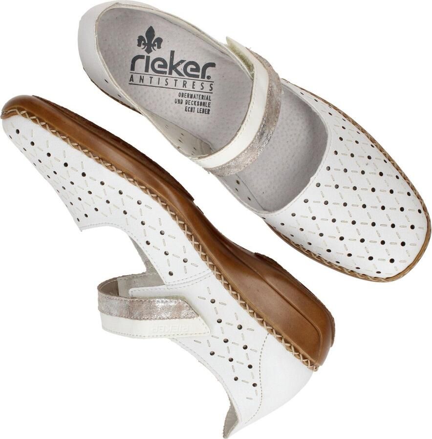 Rieker Witte zomerslip-on met geperforeerd ontwerp en klittenbandsluiting White Dames