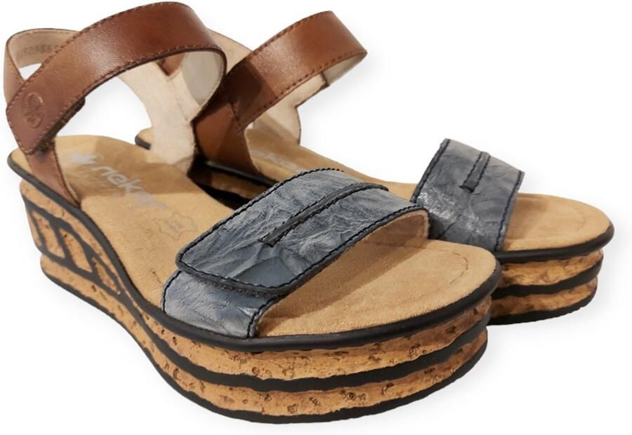 Rieker Sandaal 68198-12 Blauw Cognac Combi Zacht Voetbed