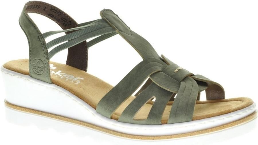 Rieker Trendy Damessandaal Khaki Verhoogde Sleehak