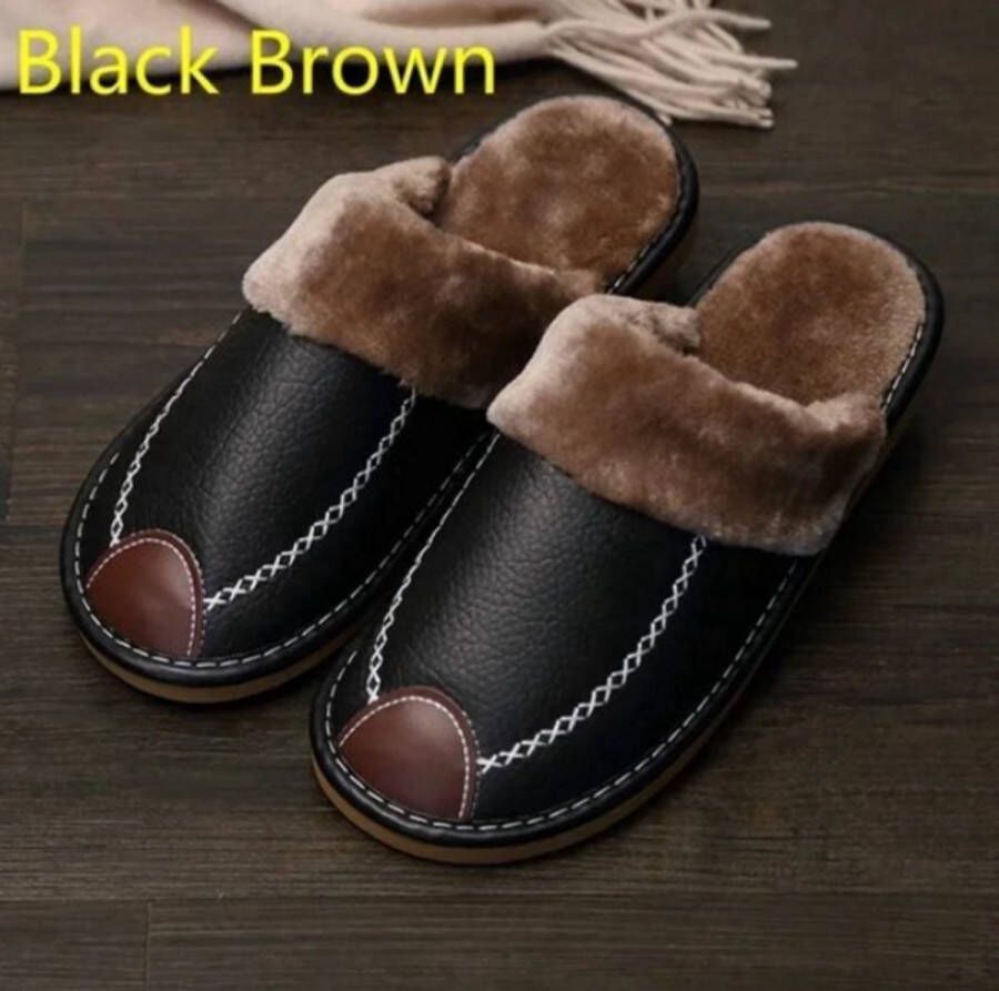 Rimmo Mannen Slippers Zwarte Winter PU Leren Slippers Warme Waterdichte Handschoenen voor Binnen Comfortabele Antislip Slippers voor Thuis en Slaapkamer