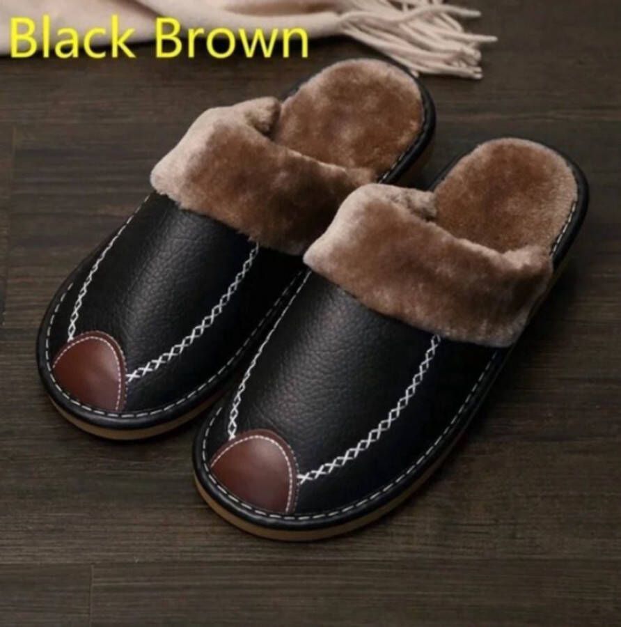 Rimmo Mannen Slippers Zwarte Winter PU Leren Slippers Warme Waterdichte Handschoenen voor Binnen Comfortabele Antislip Slippers voor Thuis en Slaapkamer