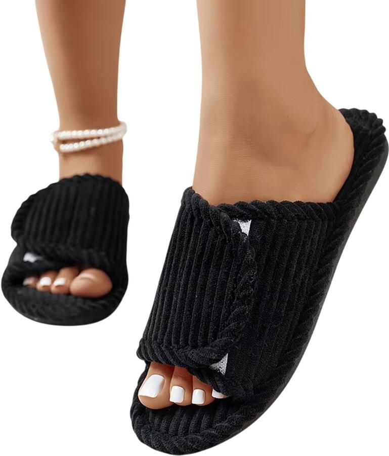 Rimmo Dames Pantoffels Comfortabele Lichtgewicht Slippers met Platte Hak Zachte Corduroy Open Teen Antislip Slaapkamer- en Indoor Schoenen ZWART