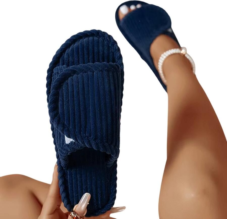 Rimmo Dames Pantoffels Comfortabele Lichtgewicht Slippers met Platte Hak Zachte Corduroy Open Teen Antislip Slaapkamer- en Indoor Schoenen BLAUW