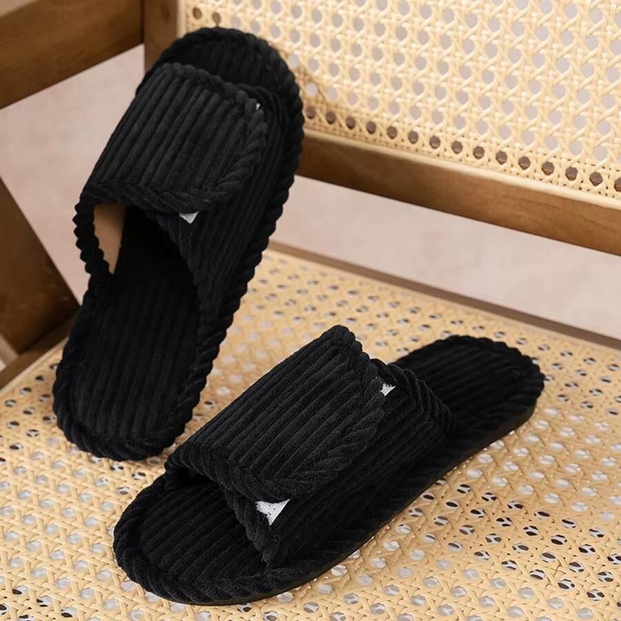 Rimmo Dames Pantoffels Comfortabele Lichtgewicht Slippers met Platte Hak Zachte Corduroy Open Teen Antislip Slaapkamer- en Indoor Schoenen ZWART