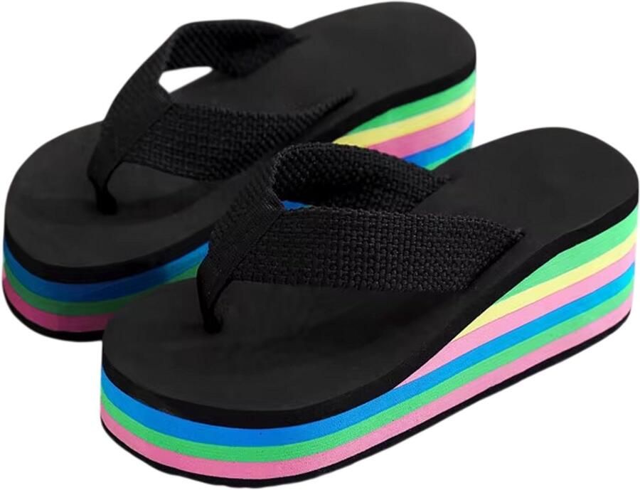 Rimmo Dames Platform Slippers Regenboog Zomer Wedge Sandalen met Dikke Zool Lichtgewicht Slip-On Strand Slippers Zwart
