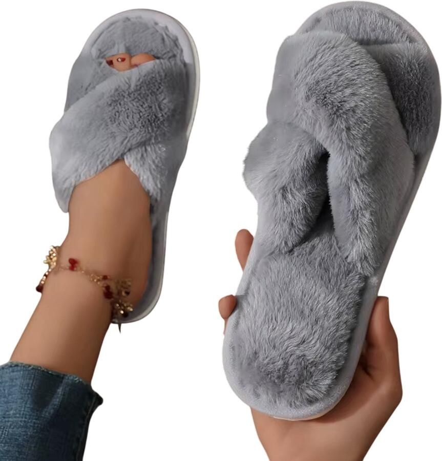 Rimmo Dames Pluizige Slippers Warm Lichtgewicht en Comfortabel Open Teen Fluffy Slides met Platte Hakken Antislip Schoenen voor Herfst en Winter Thuis grijs