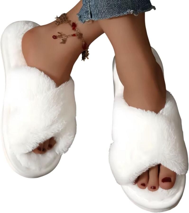 Rimmo Dames Pluizige Slippers Warm Lichtgewicht en Comfortabel Open Teen Fluffy Slides met Platte Hakken Antislip Schoenen voor Herfst en Winter Thuis
