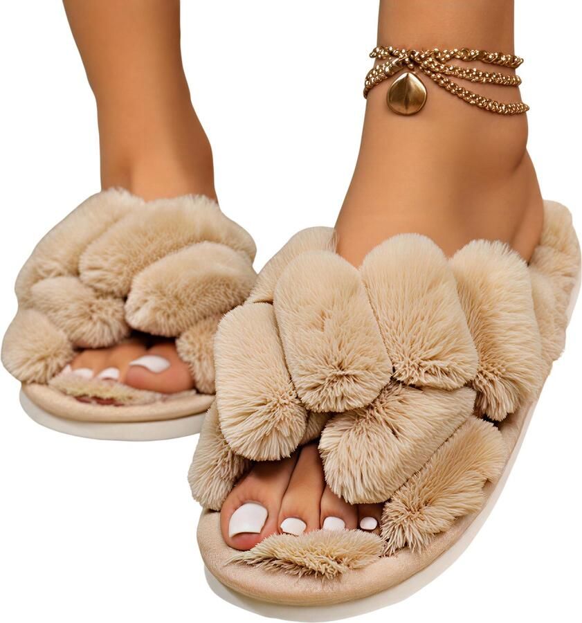 Rimmo Warme Pluizige Slippers met Kruisband voor Dames Open Tenen Winter Huisslippers Zachte Comfortabele Katoenen Slides met Platte Zool voor Binnen