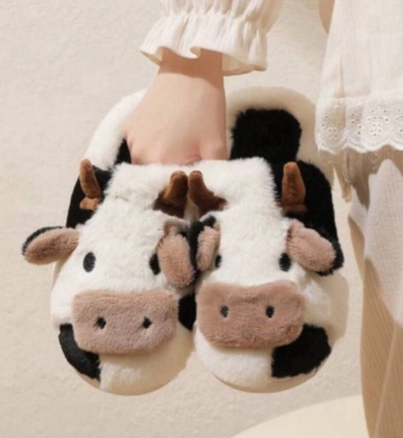 Rimmo Unisex Cartoon Koe Pluche Slippers Warme Antislip Binnen Schoenen voor nen en Comfortabele Katoenen Pantoffels en Sloffen voor Thuis