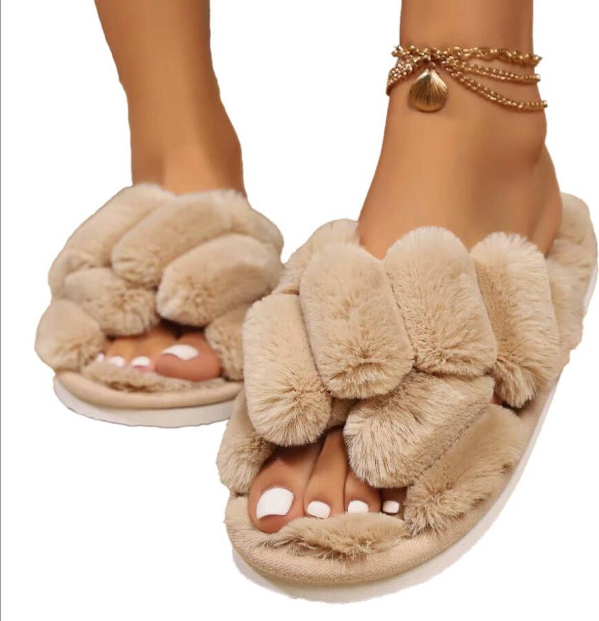 Rimmo Warme Pluizige Slippers met Kruisband voor Dames Open Tenen Winter Huisslippers Zachte Comfortabele Katoenen Slides met Platte Zool voor Binnen