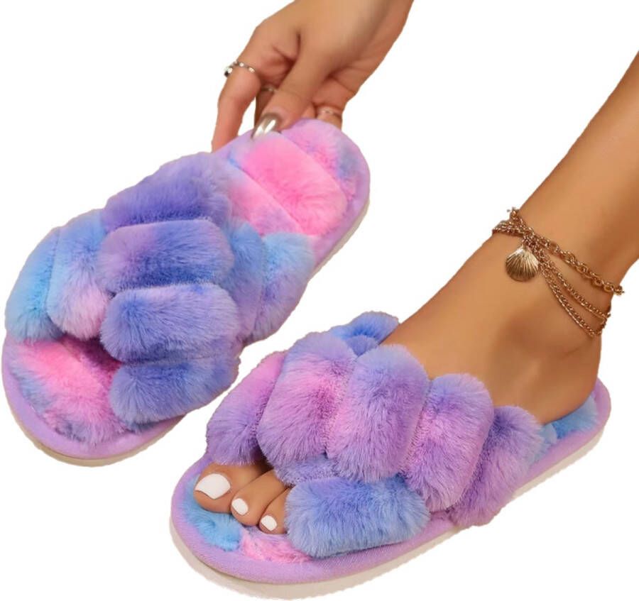 Rimmo Warme Pluizige Slippers met Kruisband voor Dames Open Tenen Winter Huisslippers Zachte Comfortabele Katoenen Slides met Platte Zool voor Binnen