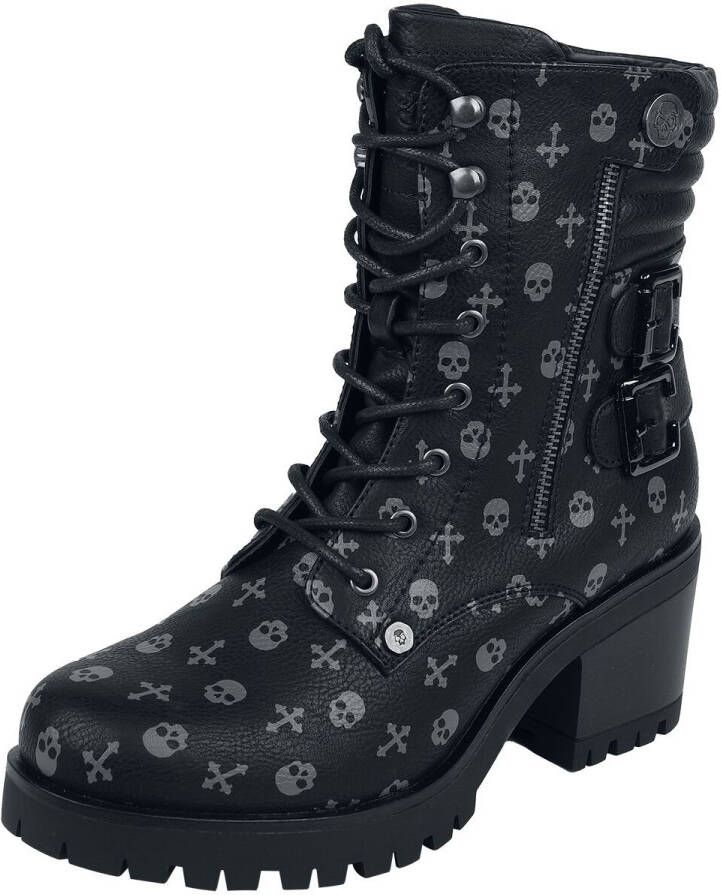 Rock Rebel by EMP zwarte veterlaarzen met schedel en gekruiste beenderen all-over print Vrouwen