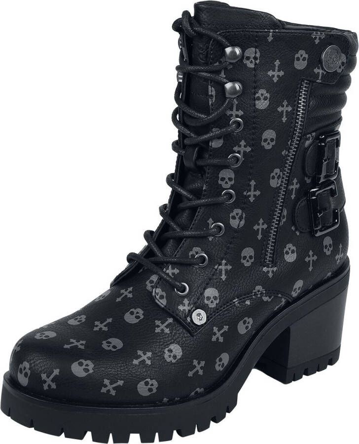 Rock Rebel by EMP zwarte veterlaarzen met schedel en gekruiste beenderen all-over print Vrouwen