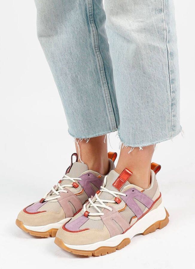 Sacha Dames Beige chunky sneakers met paarse details