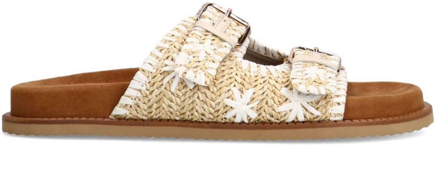 Sacha Dames Beige raffia slippers met witte details