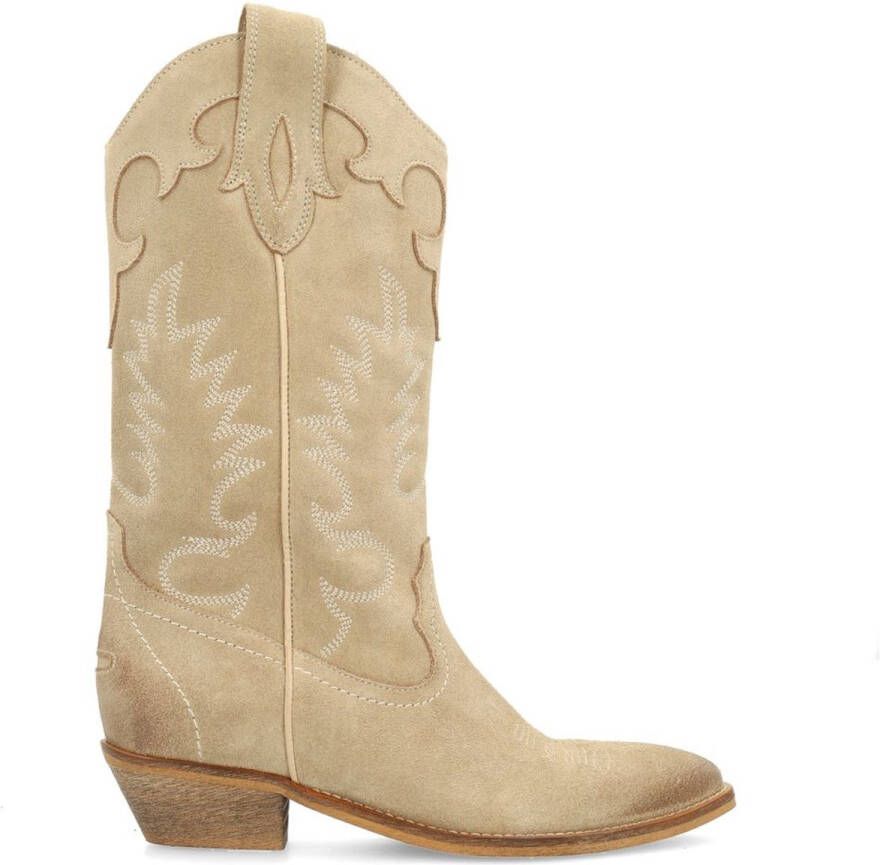 Sacha Dames Beige suède cowboylaarzen met sierstiksels