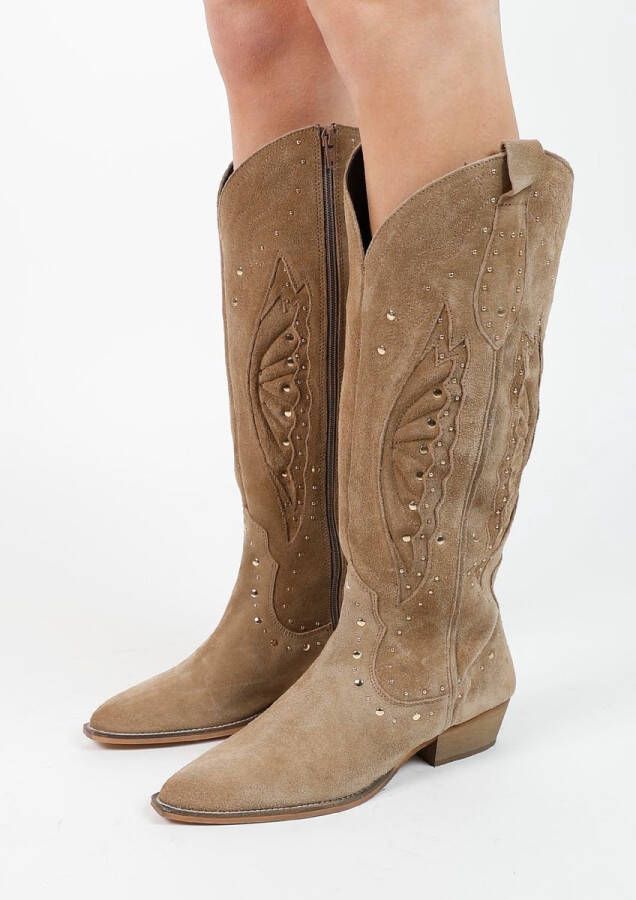 Sacha Dames Beige suède cowboylaarzen met studs - Schoenen.nl