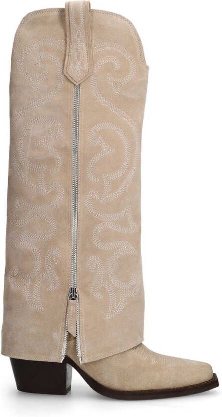 Sacha Dames Beige suède cowboylaarzen met witte sierstiksels