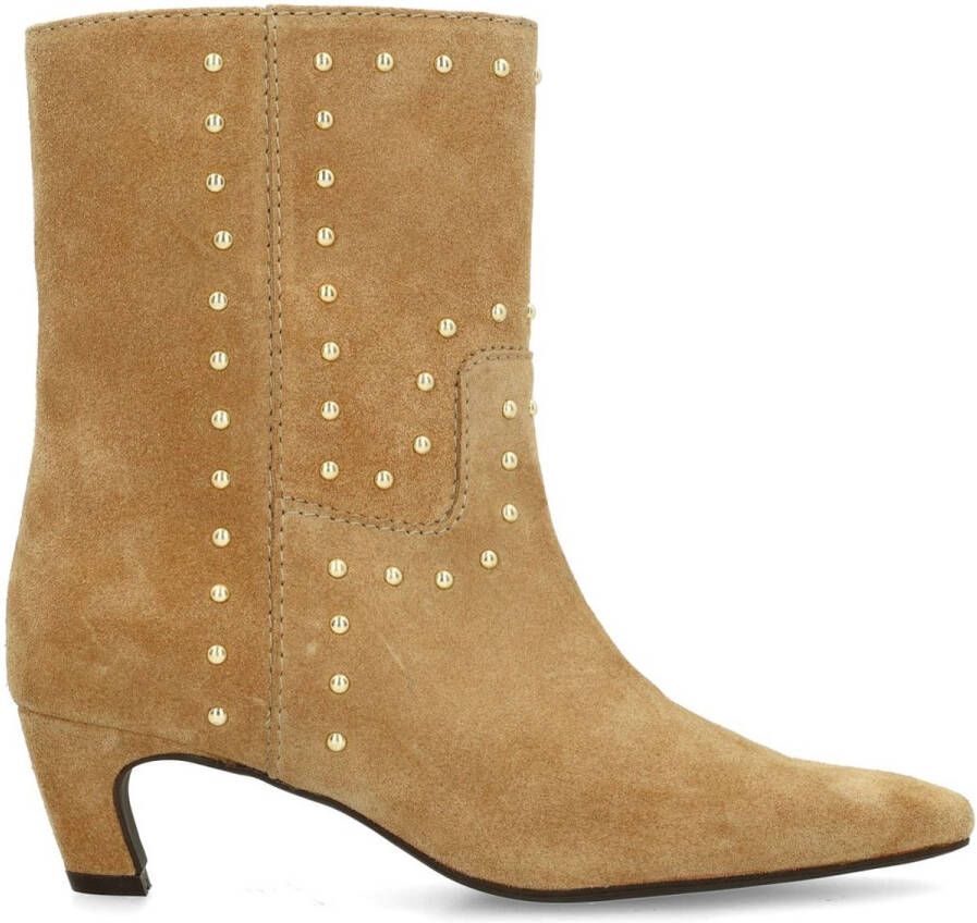 Sacha Dames Beige suède enkellaarsjes met goudkleurige studs