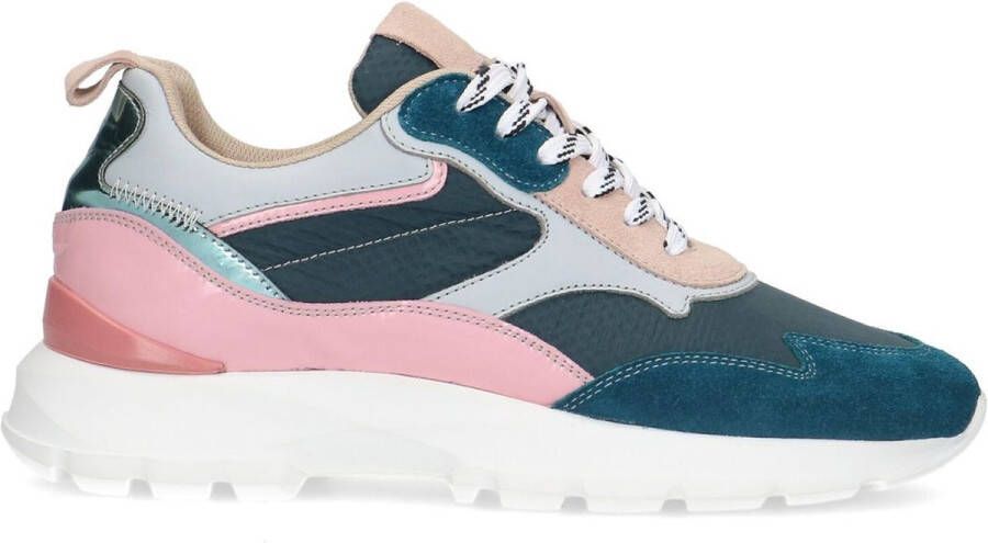 Sacha Dames Blauwe suède sneakers met roze detail