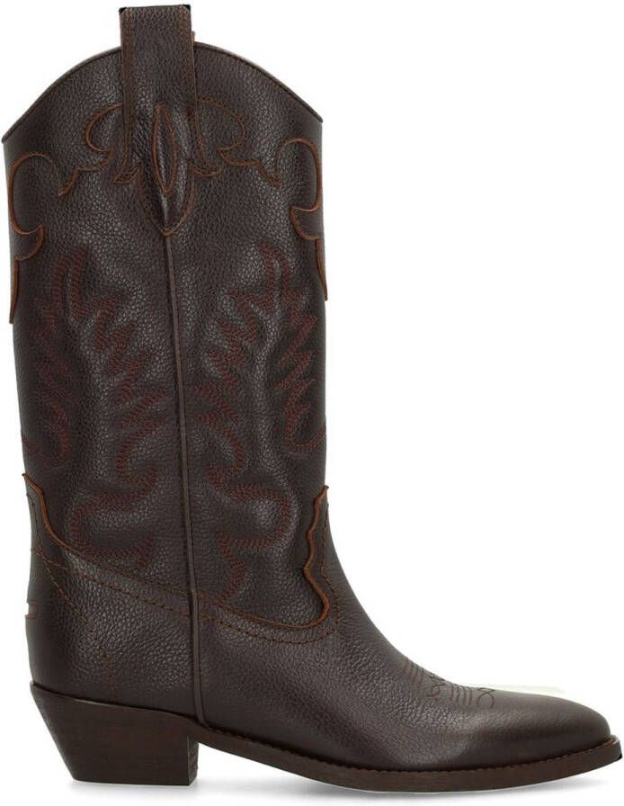 Sacha Dames Bruine leren cowboylaarzen met sierstiksels