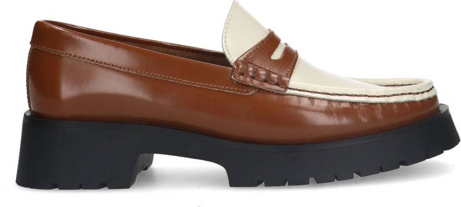 Sacha Dames Bruine leren plateau loafers met witte details