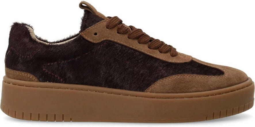 Sacha Dames Bruine suède sneakers met burgundy pony hair