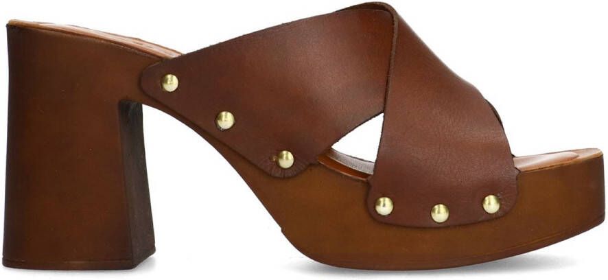 Sacha Dames Cognac leren muiltjes met plateau hak